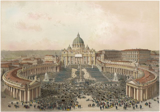 la piazza disegnata da gian lorenzo bernini e la basilica di bramante con la cupola progettata da