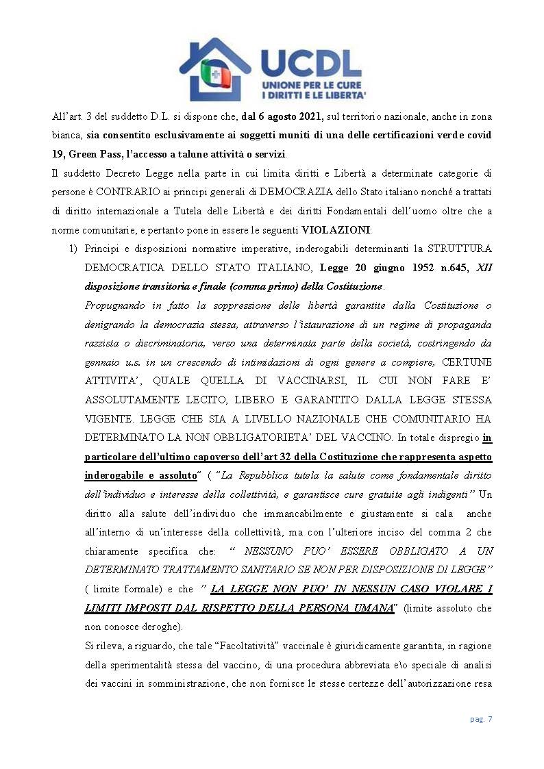 Green Pass sinonimo di discriminazione, diffida dell'UCDL contro la sua applicazione 10 Diffida alla regolare prestazione di servizi e attività Pagina 07