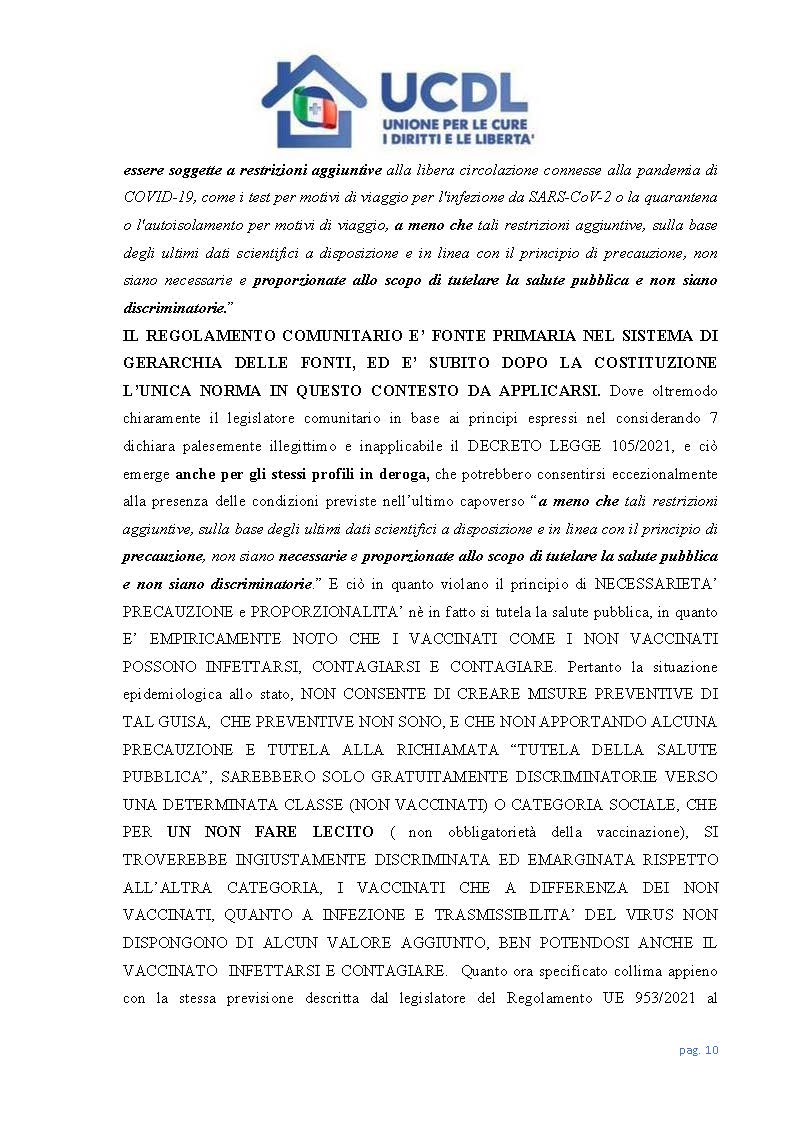 Green Pass sinonimo di discriminazione, diffida dell'UCDL contro la sua applicazione 13 Diffida alla regolare prestazione di servizi e attività Pagina 10