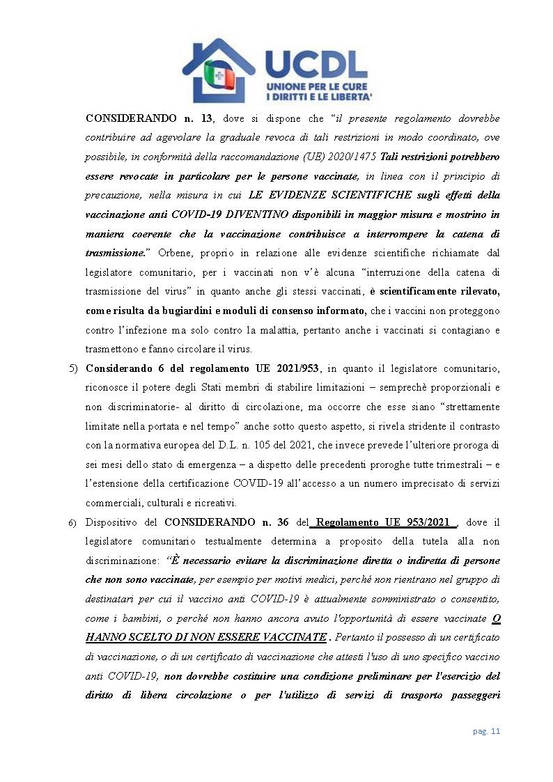 Green Pass sinonimo di discriminazione, diffida dell'UCDL contro la sua applicazione 14 Diffida alla regolare prestazione di servizi e attività Pagina 11