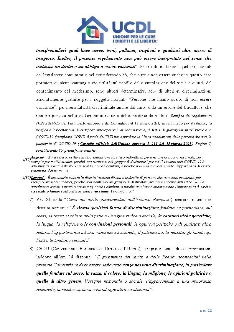 Green Pass sinonimo di discriminazione, diffida dell'UCDL contro la sua applicazione 15 Diffida alla regolare prestazione di servizi e attività Pagina 12