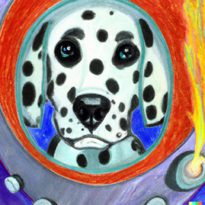 DALL·E 2022-08-04 18.40.37 - an oil pastel drawing of an annoyed dalmatian dog in a spaceship