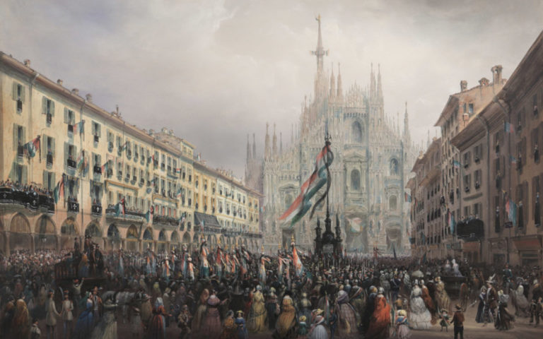 133701 Bossoli C   La commemorazione dei Caduti nelle Cinque Giornate tenuta in Piazza del Duomo il 6 aprile 1848 tempera su carta riportata su tela 71 5 x 100 5 cm