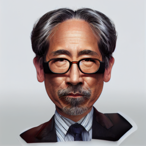 Satoshi Nakamoto, caricature, AI Art by @fenixcastagna