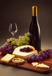 wine bottle, glass of wine, grapes on a plate with cheese.