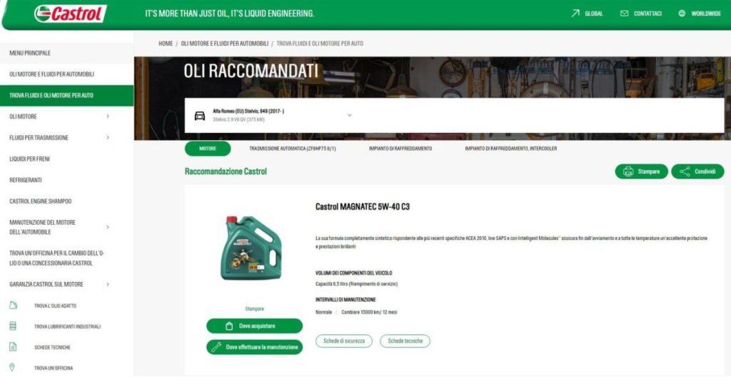 Olio motore per Alfa Romeo Stelvio