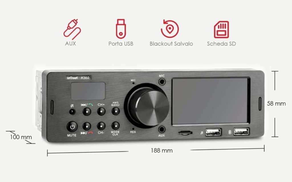 ieGeek Autoradio Bluetooth Vivavoce RDS 1DIN Radio Stereo 4X60W FM AM Extra Bass