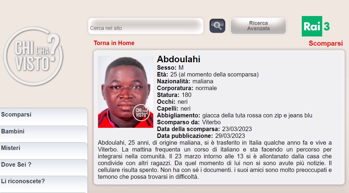 scomparsa dabo abdoulahi appello a chi l ha visto