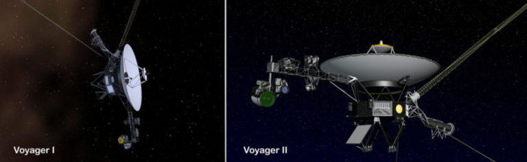 Voyager 1 and Voyager 2 spacecraft in deep space field. 3D illustration