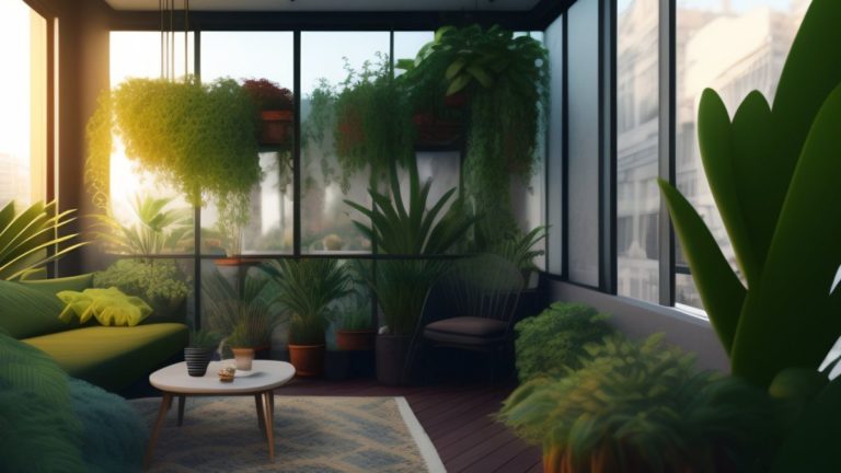 un soggiorno con piante sul muro e un divano con un divano verde e un tavolino con un tavolino davanti.jpg