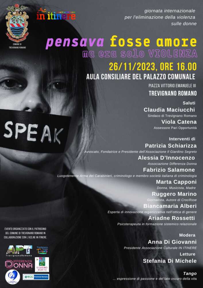 Violenza sulle donne: il 26 novembre a Trevignano il convegno “Pensava fosse amore ma era solo violenza” 1 26 novembre 2023 locandina trevignano.jpg