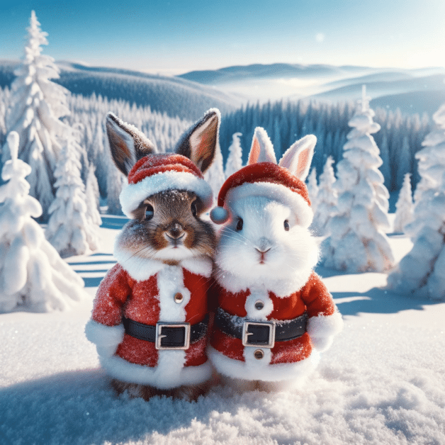 DALL%C2%B7E 2023 11 24 02.32.01 A snowy winter landscape featuring two animals close together both dressed in Santa Claus outfits. The scene captures the essence of a festive wintr.png