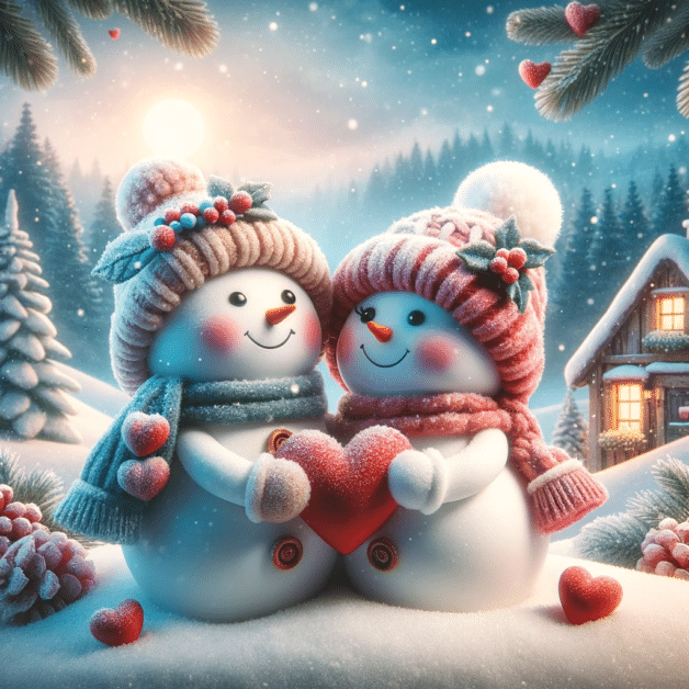 DALL%C2%B7E 2023 11 25 02.25.05 Two snowmen in love styled to fit Google Discovers format without the Google logo. The image depicts two charming snowmen with smiling faces and hea.png