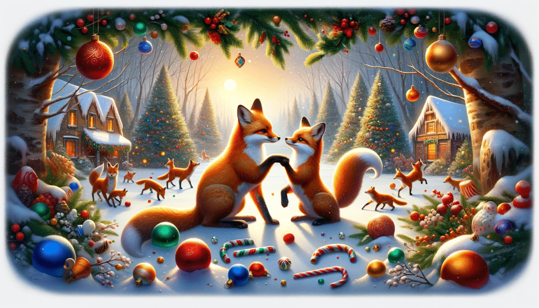 DALL%C2%B7E 2023 11 29 05.29.37 Create a different depiction of two foxes in a Christmas environment suitable for Google Discover. The image should feature the foxes playfully inter.png