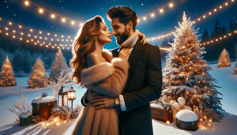 DALL%C2%B7E 2023 11 30 01.36.02 A captivating image showing a couple in love set against a beautiful Christmas backdrop. The scene features a snowy landscape with holiday decoration.png