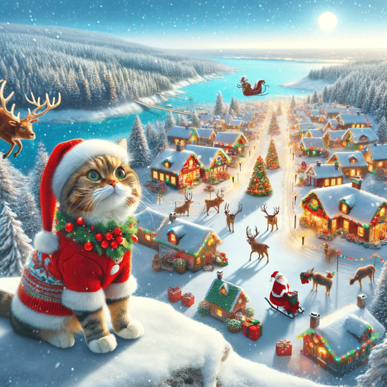 DALL·E 2023 11 15 00.37.08 A festive Christmas scene featuring a cat dressed in holiday attire standing on a snowy cliff. In the background a birds eye view of Santas village.png