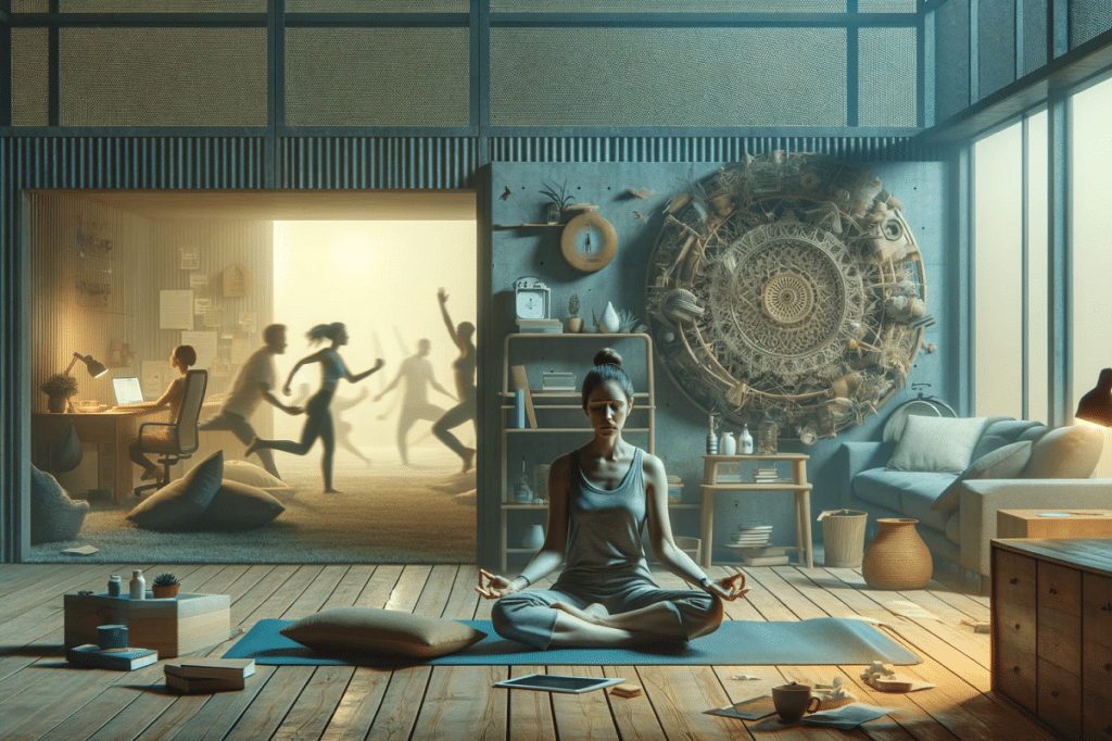 DALL·E 2023 11 16 14.05.20 An evocative horizontal image capturing the paradox of a womans obsession with self care leading to increased stress anxiety depression and burnou.png