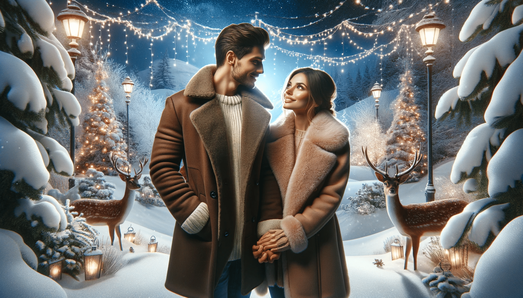 DALL·E 2023 11 18 00.52.09 A romantic winter scene with a young couple a man and a woman holding hands while gazing at a snow covered landscape. The scene is filled with deer .png