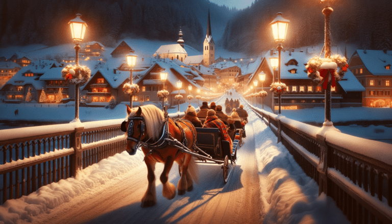 DALL%C2%B7E 2023 12 01 02.09.38 An evening winter landscape featuring a horse drawn sleigh crossing a snow covered bridge. The sleigh carrying people of various descents wrapped in .png