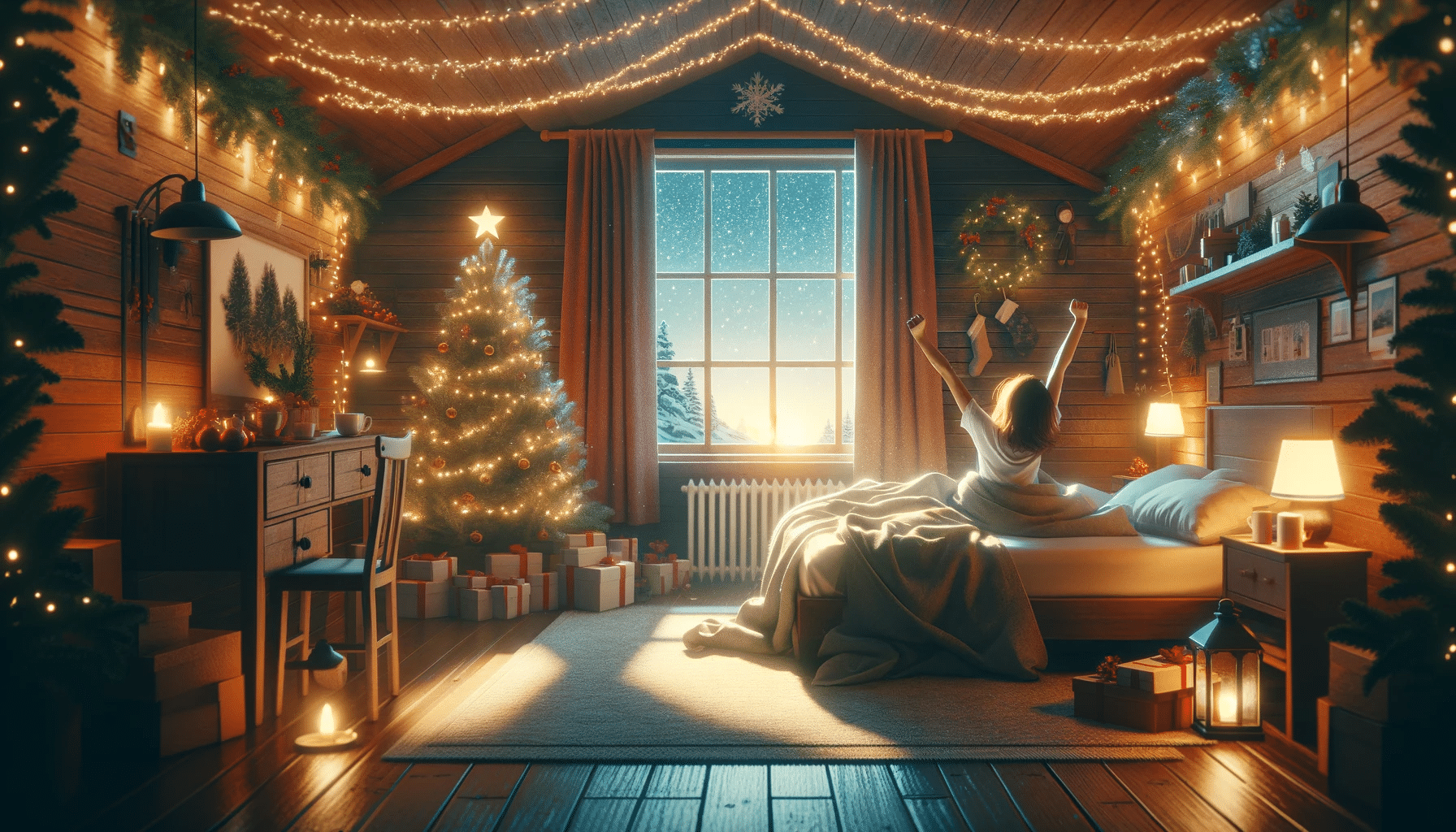 DALL%C2%B7E 2023 12 13 00.41.32 A widescreen image depicting a person waking up in a cozy festive Christmas environment. The scene includes a warmly lit bedroom with a person stretc.png