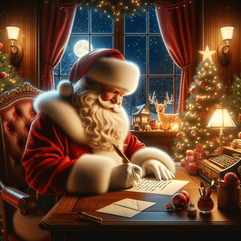 DALL%C2%B7E 2023 12 13 19.48.04 Santa Claus in a cozy warmly lit study writing a letter at an elegant mahogany desk. The room is decorated with Christmas ornaments including a sma.png