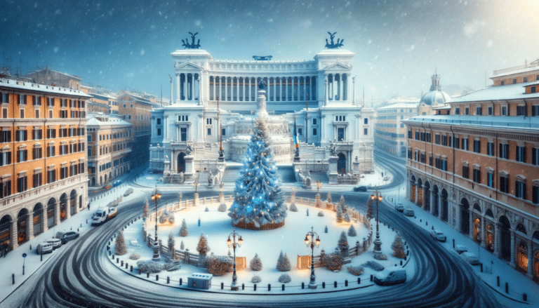 DALL·E 2023 12 07 12.23.59 A snowy scene of Piazza Venezia in Rome with a grand Christmas tree in the center of the square. The architecture of the surrounding buildings is hig 1024x585.png