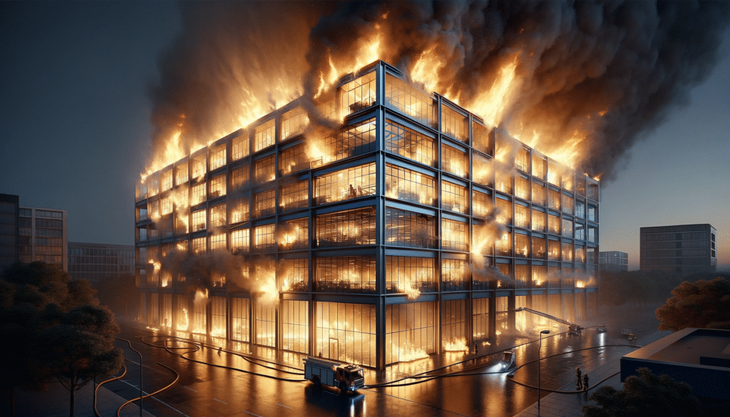 DALL·E 2023 12 09 10.15.07 A realistic depiction of a fire in an urban structure designed to meet Google Discover specifications. The image shows a large multi story building 1024x585.png