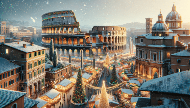 DALL·E 2023 12 09 10.25.55 A festive and Christmas themed version of Rome Italy. The image features iconic landmarks like the Colosseum and the Roman Forum adorned with Christ 1024x585.png