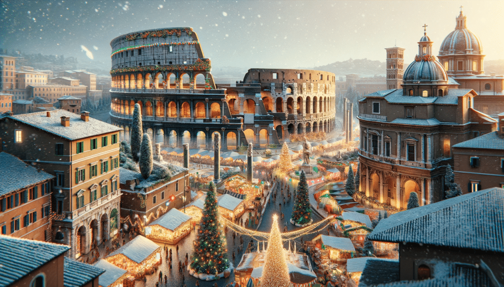 DALL·E 2023 12 09 10.25.55 A festive and Christmas themed version of Rome Italy. The image features iconic landmarks like the Colosseum and the Roman Forum adorned with Christ 1024x585.png