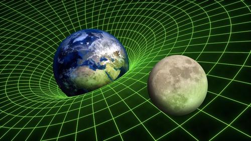 illustration of earth and the moon on a green neon grid simulating a gravity well m.jpg