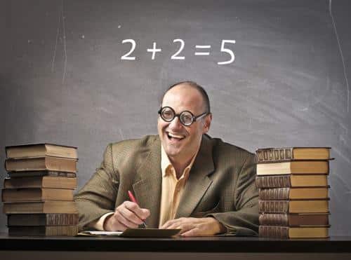 image of a bald man in thick glasses surrounded by books the equation 2 plus 2 equals 5 on the blackboard behind him m.jpg