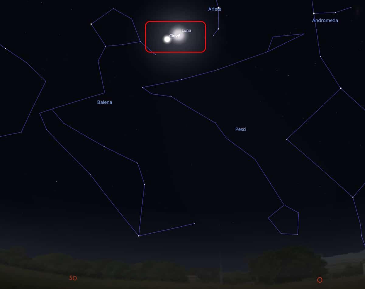 bacio luna giove 18 gennaio 2024