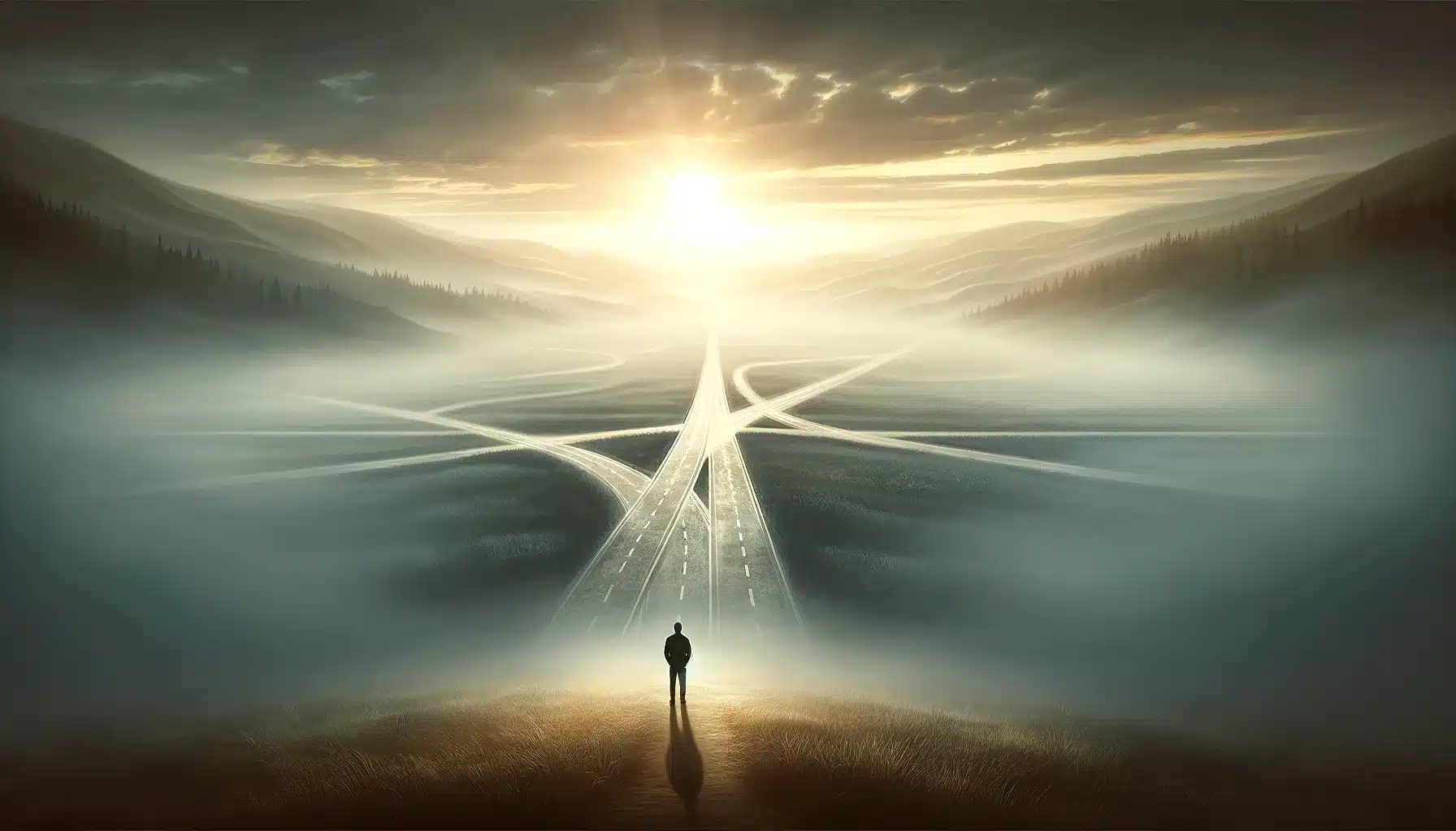 DALL·E 2024 02 15 14.35.39 Create an evocative horizontal illustration for an article about lifes challenging moments. Depict a solitary figure standing at a crossroads in a va.webp