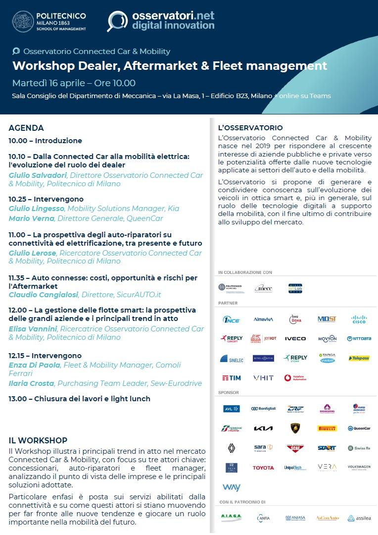 Automotive connesso: il report di SicurAUTO.it al convegno PoliMI 6 Programma convegno Workshop Dealer Aftermarket Fleet management Osservatorio Connected Car Mobility del PoliMI.jpg