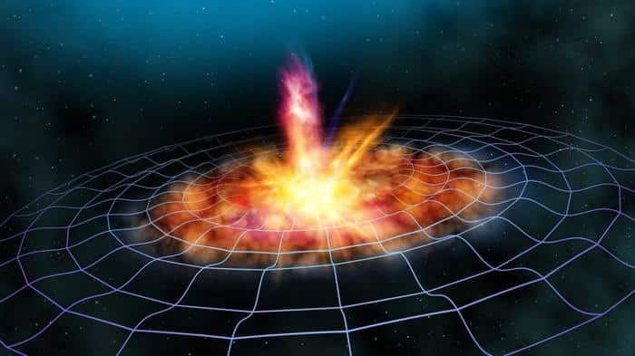 illustration of a gravitational wave an orange red explosion surrounded by a rippling blue grid m.jpg