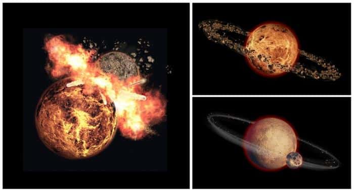 three panel image left is a smaller rocky sphere crashing into a larger one top right is a ring of debris around the larger sphere and bottom right is a small sphere orbiting the larger m.jpg
