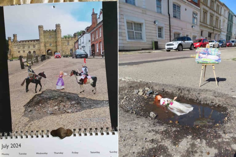 Questa artista “ripara” le buche con i giocattoli d’infanzia (e ci fa riflettere sui problemi delle strade) 5 SinkySnap.jpg