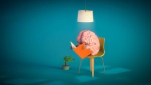 3d rendering of a brain sat in a yellow chair holding a book with weird hands and reading it a plant in the background and a light above it on a dark blue background m.jpg