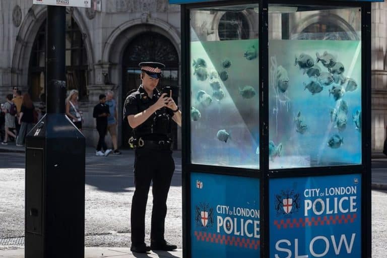 Banksy colpisce ancora: gabbiotto della polizia diventa un acquario, è la settima opera del safari urbano 1 acquario Banksy Londra.jpg