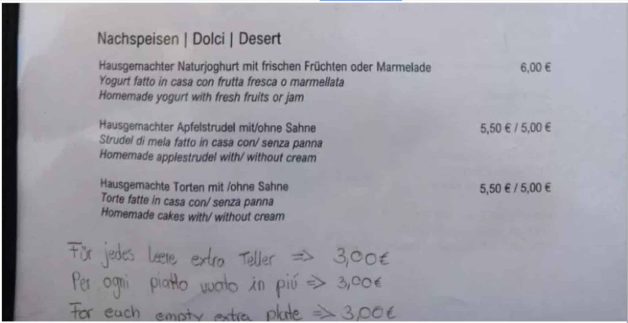 Ortisei, ristorante fa pagare 3 euro per ogni piatto vuoto in più: scoppia la polemica 1 menu.jpg