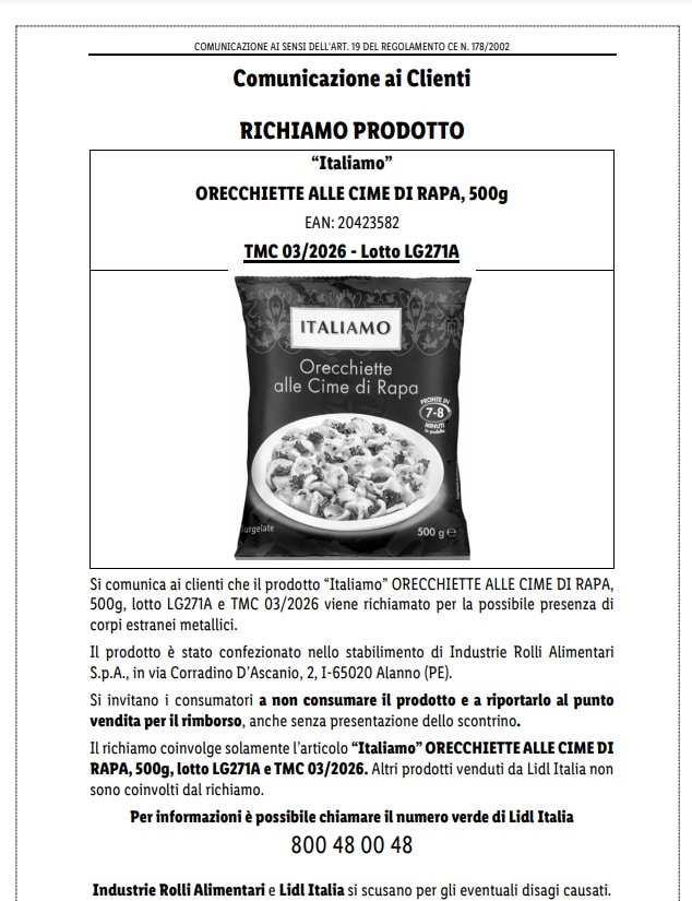 richiamo orecchiette cime di rapa lidl