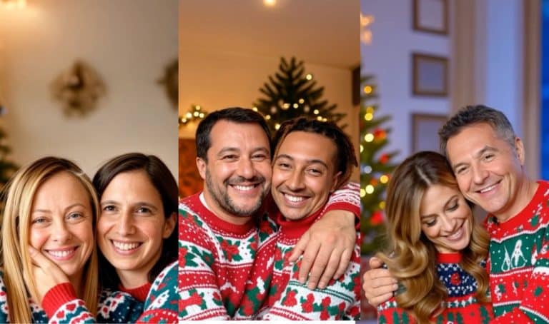 A Natale anche gli avversari si abbracciano: Meloni e Schlein, Salvini e Ghali, Fagnani e Mammucari ora uniti. Ma dall’intelligenza artificiale – Il video 1 a natale puoi.jpg
