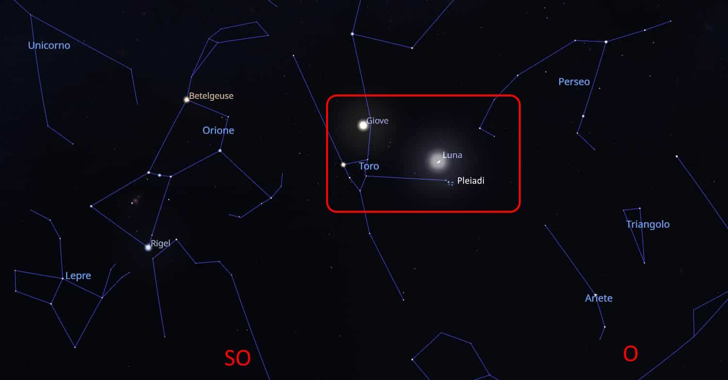 tris celeste luna giove pleaidi 5 marzo 2025