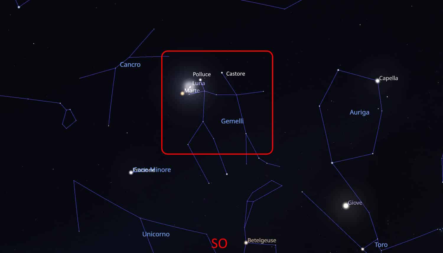 bacio luna marte stelle castore e polluce