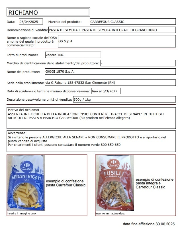 Maxi richiamo di pasta Carrefour: in 30 formati (anche integrali) manca un’importante informazione in etichetta 1 richiamo pasta carrefour