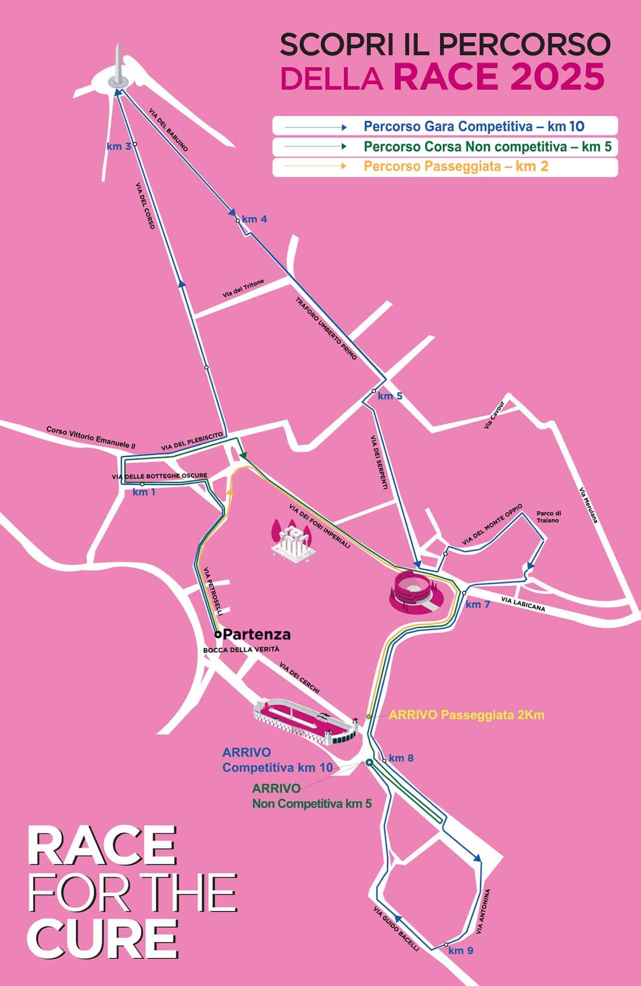 Strade chiuse per la Roma Race 2025: elenco vie e deviazioni 1 Percorso Race for the Cure 2025.jpg