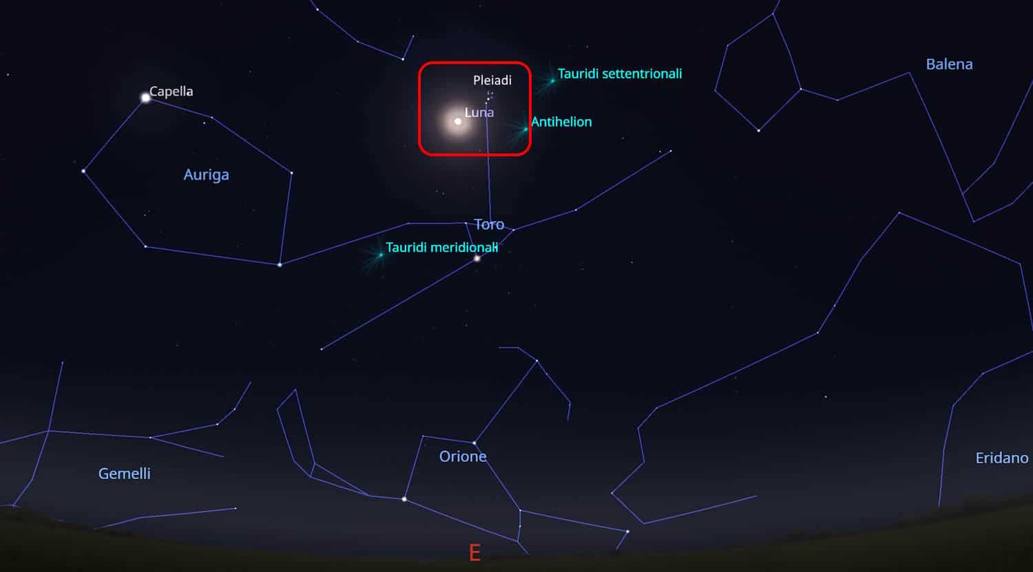luna immersa nelle pleiadi