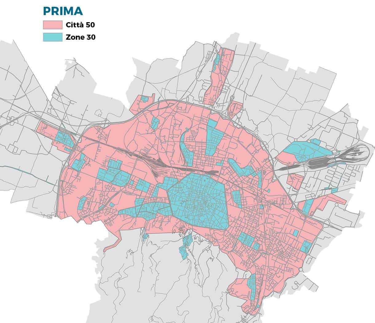 Bologna: la città 30 verrà davvero cancellata? 1 Mappa Bologna strade 50 kmh.jpg