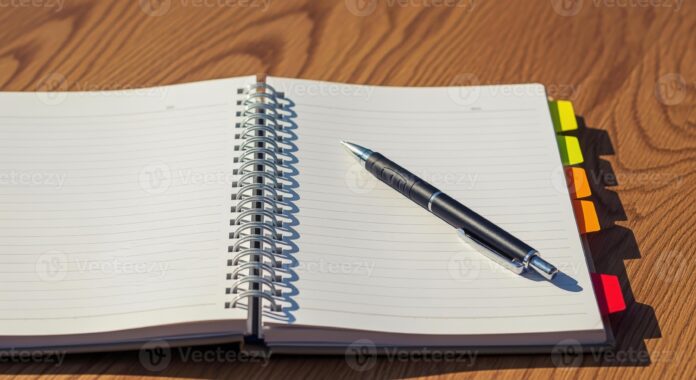 70720133-aperto-taccuino-con-penna-su-di-legno-scrivania-pronto-per-appunti-scrivere-sul-diario-e-pianificazione-foto